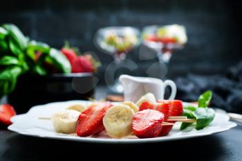 canape with strawberry and banana, fresh fruits, diet food