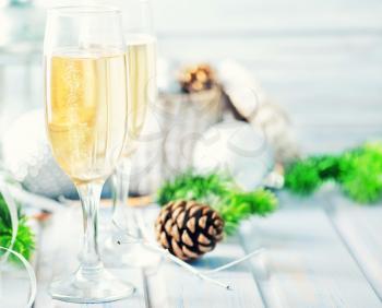 Christmas background, Christmas decoration and champagne