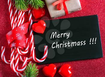 Christmas background, Christmas decoration and black board for note