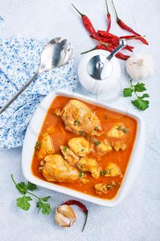 Traditional Indian dish chicken. Spicy chicken curry in bowl 