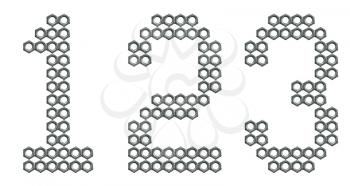 Digits figures, 1, 2 and 3, composed of screw nuts isolated on while background