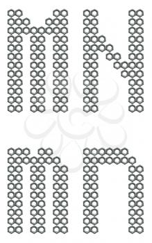 Letters of alphabet, M and N, composed of screw nuts, industrial font