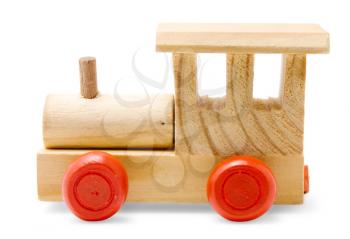 wooden train toy with red wheels isolated on white background