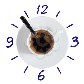Cup of coffee in the form of clock with a dial painted by marker on white background