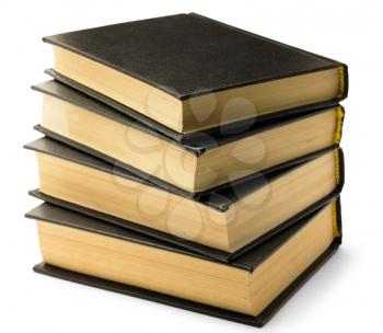 Stack of old black books isolated on white background