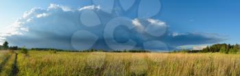 Panorama of meadow in countryside in sunset light and cloudy sky with big storm cloud before the storm, panoramic landscape