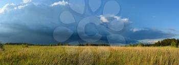 Panoramic landscape of meadow in countryside in sunset light and cloudy sky with big storm cloud before the storm