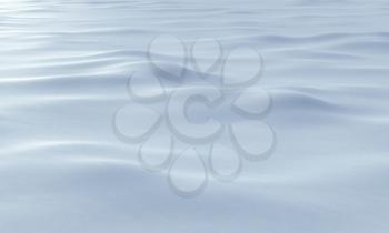 White snow field with smooth snow surface with bumps and waves under bright sunlight, blue snowy white background, nature 3D illustration