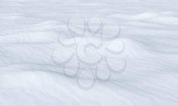 White snow field with smooth snow surface with waves and bumps under bright sunlight, snowy white background, nature 3D illustration