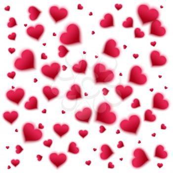 Vector confetti falling from pink blurred  hearts on the white background. Love concept card background for Valentine's day
