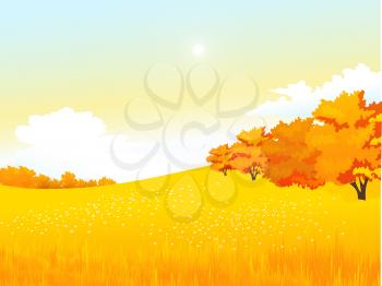 Vector illustration autumn rural landscape with meadow and forest