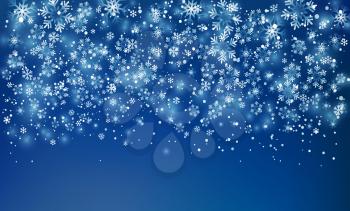 Vector illustration. Abstract Christmas snowflakes storm on blue background.