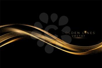 Abstract shiny color gold wave design element on dark background. Fashion flow lines for voucher, website and advertising. Golden silk ribbon for cosmetic gift voucher
