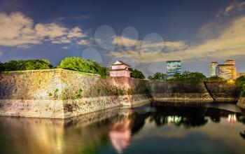 Defensive walls of Osaka Castle in Osaka, Japan