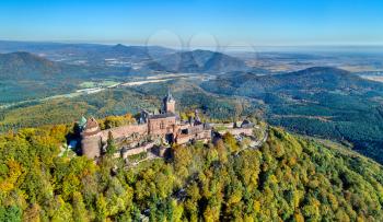 Aerial view of the Chateau du Haut-Koenigsbourg in the Vosges mountains. A major tourist attraction in Alsace, France