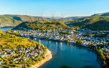 Aerial view of Filsen and Boppard towns with the Rhine river in Germany