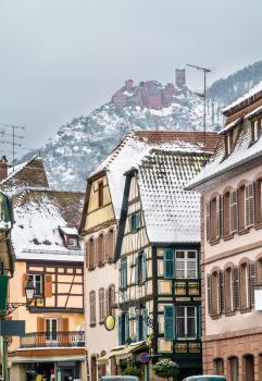 Houses in Ribeauville and the Saint Ulrich Castle in the Vosges Mountains. Grand Est region of France