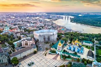 Aerial view of St. Michael Golden-Domed Monastery, Ministry of Foreign Affairs and the Dnieper River in Kiev - Ukraine, Eastern Europe