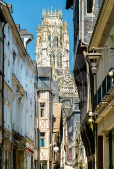View of the Abbey of Saint-Ouen from a street in the old town of Rouen - Normandy, France