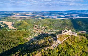 Aerial view of Cachtice Castle in the Western Carpathian Mountains, Slovakia