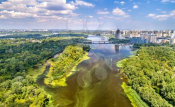 Aerial view of the Dnieper river in Kyiv, the capital of Ukraine