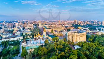 Aerial panorama of St. Michaels Golden-Domed Monastery, Ministry of Foreign Affairs and Saint Sophia Cathedral in Kiev - Ukraine