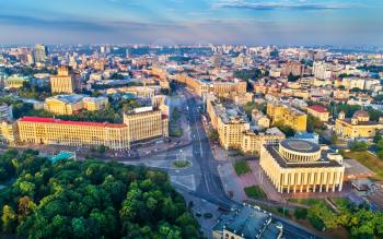Aerial view of Khreshchatyk, European Square and Ukrainian House in the city center of Kiev, the capital of Ukraine