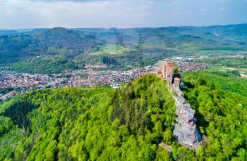 Aerial view of Trifels Castle in the Palatinate Forest. Major tourist attraction in Rhineland-Palatinate State of Germany