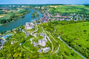 Aerial view of Chateau Gaillard, a ruined medieval castle in Les Andelys town - Normandy, France
