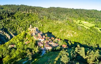 View of Chalencon village with its castle. Haute-Loire, France