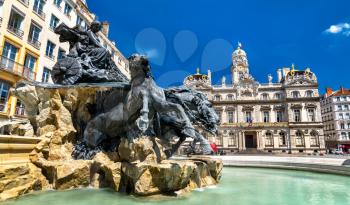 The Fontaine Bartholdi (1889) and Lyon City Hall on the Place des Terreaux in France