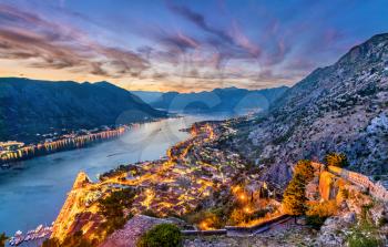 The Town and the Bay of Kotor at sunset. Montenegro - Balkans, Europe