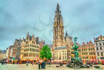 The Cathedral of Our Lady and the Silvius Brabo Fountain on the Grote Markt Square in Antwerp - Flanders, Belgium
