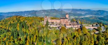 Aerial panorama of the Chateau du Haut-Koenigsbourg in the Vosges mountains. A major tourist attraction in Alsace, France