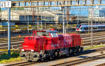 Basel, Switzerland - June 9, 2016: Class Am 843 diesel shunter at Basel SBB railway station. These locomotives were built by Vossloh in 2003-2009