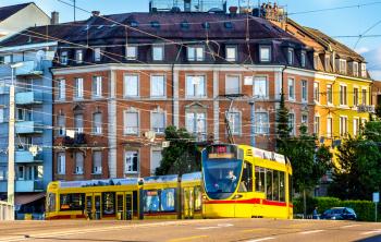 Basel, Switzerland - June 9, 2016: Stadler Tango tram in the city centre of Basel.
