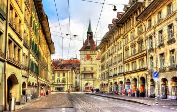 Spitalgasse street and Kafigturm tower - UNESCO heritage site in Bern, Switzerland