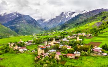 Aerial view of Chvabiani village with typical tower houses. Upper Svaneti, Georgia