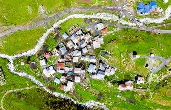 Aerial view of Chazhashi village with typical tower houses. Upper Svaneti, Georgia