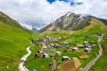 Aerial view of Ushguli village with typical tower houses. UNESCO world heritage in Upper Svaneti, Georgia