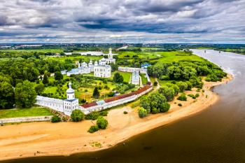 Aerial view of the Yuriev or St. George's Monastery on a bank of the Volkhov river. One of the oldest monasteries in Russia