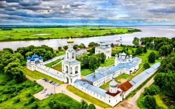 Aerial view of the Yuriev or St. George's Monastery on a bank of the Volkhov river. One of the oldest monasteries in Russia