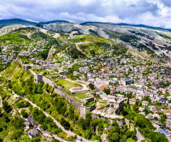Aerial view of Gjirokaster Fortress. UNESCO world heritage in Albania