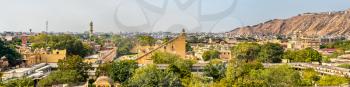 Panorama of Jantar Mantar, a collection of architectural astronomical instruments in Jaipur. UNESCO heritage site in Rajasthan, India