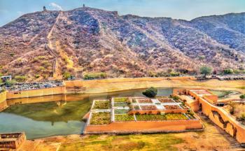 Aerial view of Kesar Kyari or Saffron Garden on Maota Lake. Amer - Jaipur, Rajasthan State of India