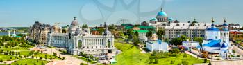 Panorama of Kazan with the Palace of Agriculture and the Cathedral. Tatarstan, Russia