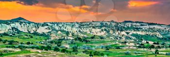 Sunset above the Rose Valley at Goreme National Park. UNESCO world heritage in Cappadocia, Turkey