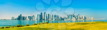 Panorama of Doha from a park. The capital of Qatar.