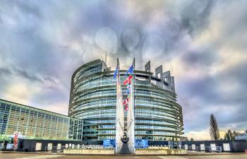 Strasbourg, France - December 5, 2017: Flags of European countries at the Louise Weiss building of the European Parliament.
