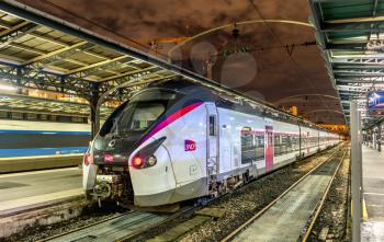 Paris, France - November 13, 2017: Coradia Liner Intercity train at Paris-Est station. Coradia are new intercity trains in France